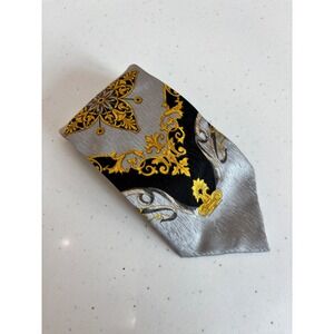 Angelino Italy Mens Silk Tie Silver Grey Gold Black Baroque Filigree Formal 4in